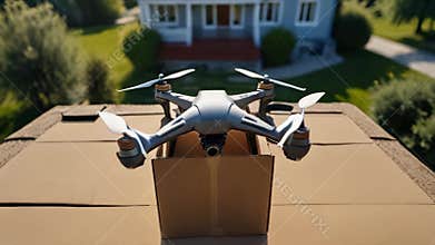 Delivery of the box by quadcopter at a sunny day on the roof of the house