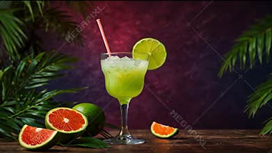 Creative food template. Green cocktail with lime on bright colourful background with jungle leaves tropical setting