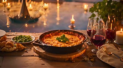 Table With Food Pan and Glasses of Wine