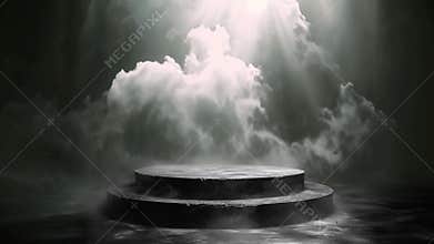 Abstract slow moving wispy white smoke fog spotlight above dark concrete stone podium stage background