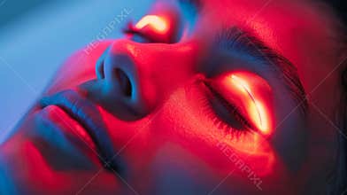 A person using a red light therapy device on their face to combat jet laginduced fatigue and improve sleep quality.