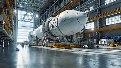 Engineers working collaboratively on assembly of cutting-edge space rocket