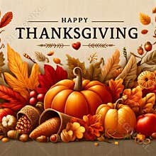 AI-generated illustration of Happy Thanksgiving banner with autumn leaves and pumpkins