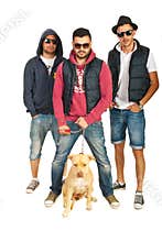 Group of hip hop guys with pitbull dog