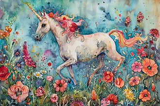 Whimsical watercolor painting of a magical unicorn