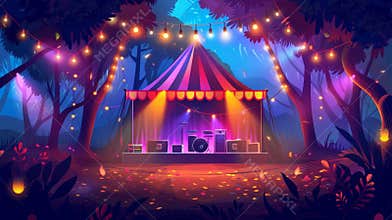 A music concert stage at a night park with a camp tent. Modern illustration of a public festival event in the forest