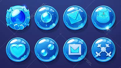 UI buttons with symbols of sound, search, arrows, mail, home, cross and check marks. Modern clipart set of blue UI