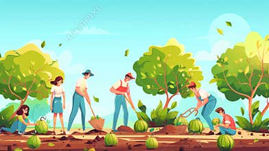 Agricultural or gardening work in garden. Farmer and cottager planting crops, watering watermelons, and harvesting crops