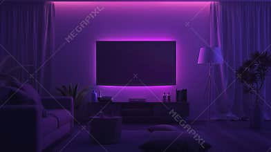 Animated illustration of a flat plasma TV set hanging on the wall in the middle of a dark living room at night, with the