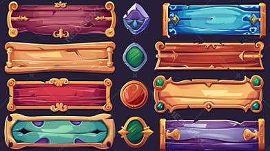 A set of medieval game menu frames, user interface elements, buttons and plaques. Decorative banners with purple, blue