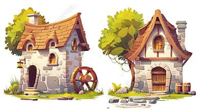 Isolated on a white background, a fairy tale village set with gnome house, water mill with wooden wheel and well. Modern