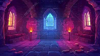 Animated cartoon illustration depicting an interior of a castle dungeon with stone walls and torches. A basement inside