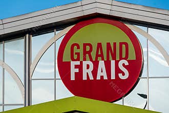 Sign and logo of a Grand Frais store, Goussainville, France