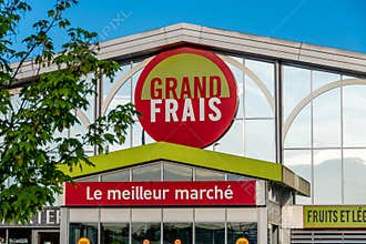 Sign and logo of a Grand Frais store, Goussainville, France