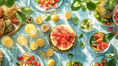 outdoor dining concept banner showcasing a picnic table spread with summer foods like watermelon, sandwiches, salads