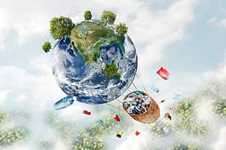 Earth healing via sustainability: Green earth like a balloon carrying away basket full of recycled plastic amid falling trash