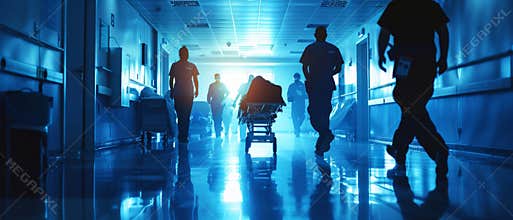 Hospital Emergency Department: Silhouettes of doctors, nurses, and paramedics pushing gurneys/ stretchers with seriously