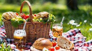 a picnic basket with sandwiches, fruit, and drinks on a checkered blanket a banner illustrating summer food vibes