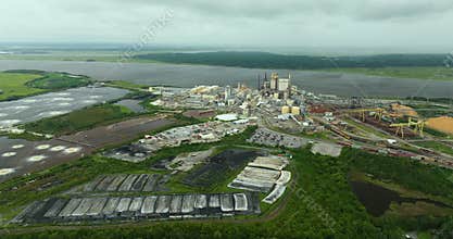 Wood processing factory manufacturing yard. Brunswick cellulose and paper plant in Georgia, USA. Paper mill factory