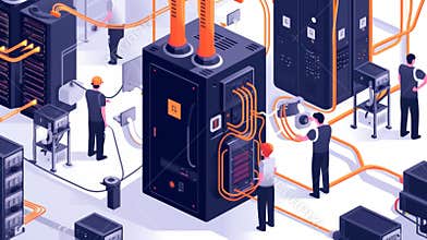 A group of engineers carefully inspecting a compact edge computing device at a production facility. The sleek black