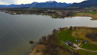 Germany, Bavaria, Aerial view Prien am Chiemsee with Chiemgau Alps in background. Das Bayerische Meer. Chiemgauer Bergen