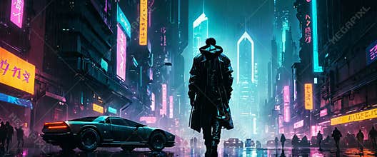 Futuristic Cityscape with Figure and Sports Car