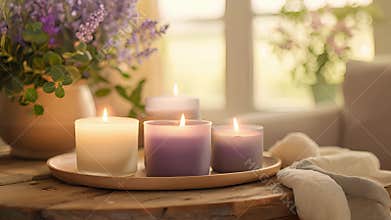 A trio of premium soy candles in soothing lavender refreshing citrus and calming vanilla scents providing the ultimate