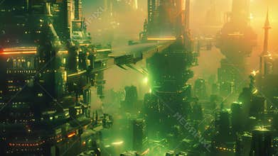 Futuristic city with towering skyscrapers and advanced infrastructure powered by a cosmic artifact of unknown origin, A cityscape