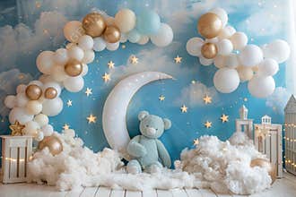 A baby room with a teddy bear and a blue and white theme