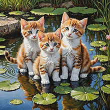 Three cute cats sitting on lilies in a pond.
