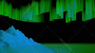 Northern Lights Among the Iceberg and water surface. Beautiful Night Scene of Aurora Borealis. Night landscape with