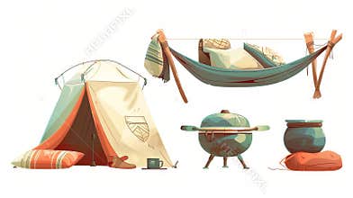 Camping equipment cartoon illustration. Sleeping tent, pillow, hammock and turkish pot for best camping experience