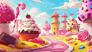 Landscape background for a fantasy sweet candy land game. Cupcakes, confectionery, and chocolate in a dream scene