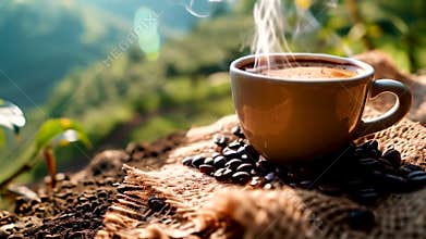 a cup of coffee beans against the background of a coffee plantation. Selective focus.