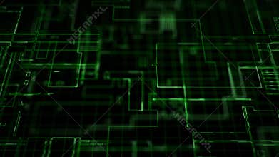 Abstract technology background with glowing green energy lines in a shape of circuit board pattern