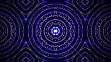 Psychedelic kaleidoscope in a shape of morphing mandala or yantra with glowing golden lines on a dark blue background