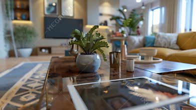 Closeup of a home decor item being virtually p on a users coffee table through an augmented reality app. The app uses