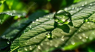 Morning dew on greenery with sunlight reflecting through a water droplet