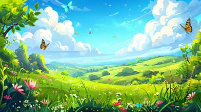 Modern illustration of spring sunny scenery with butterflies flying above green grass on hills, trees, and bushes
