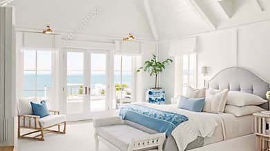 White coastal cottage bedroom decor, interior design and home decor, bed with elegant bedding and bespoke furniture
