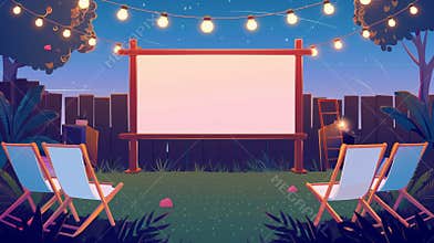 Outdoor cinema screen at night cartoon illustration. Watching movie in back yard garden 2d environment with projector