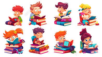 Stack of books at home or in library. Cartoon modern illustration set showing cute boy reading books and girl sitting on