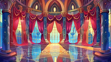 The interior of a medieval royal castle's ballroom. Modern cartoon illustration of an empty round banquet hall in a