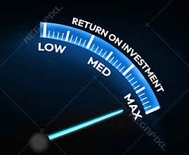 Speedometer needle on the maximum showing Return on investment, background. Highest ROI in business backdrop