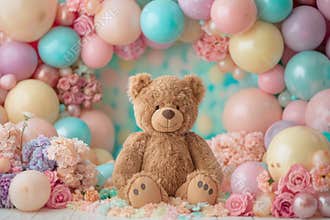 A teddy bear is sitting in front of a pink and blue archway of balloons