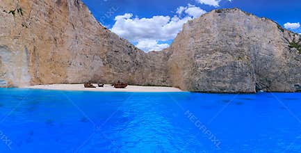 View of Navagio Beach or Shipwreck Beach, an exposed cove on the coast of Zakynthos in the Ionian Islands of Greece.