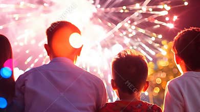 Family Watching Fireworks Display At Night