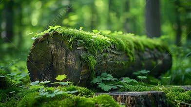 Aged wooden log covered in moss amidst lush green forest