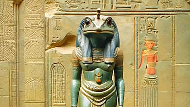 detailed statue of an ancient Egyptian deity with a frog\'s head, standing in front of intricately carved temple walls