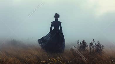 Victorian woman silhouette walking away in foggy field at dusk